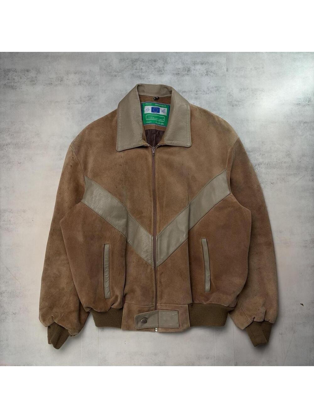 Vintage 90s Italian Suede Leather Chevron Moto Bomber Jacket